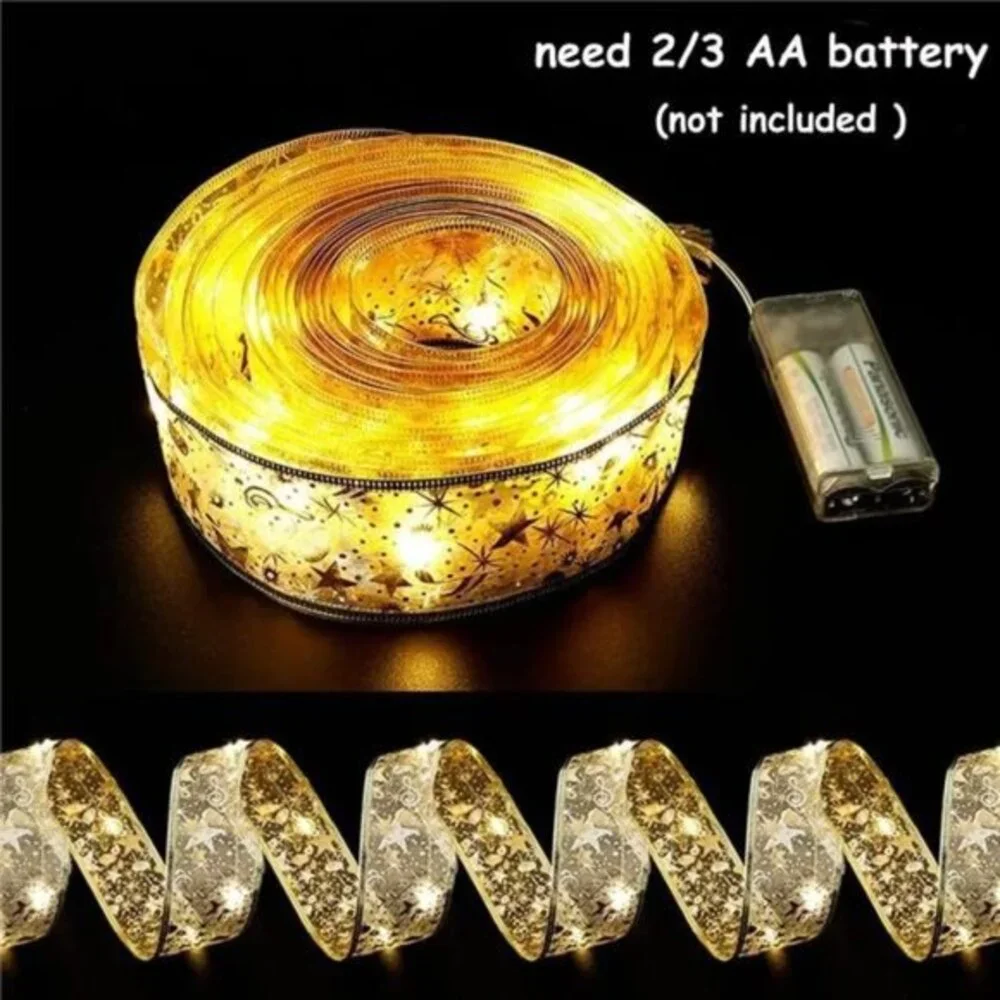 32ft 100 LED Christmas Tree String Lights with Gold Ribbon Bows -Battery Powered
